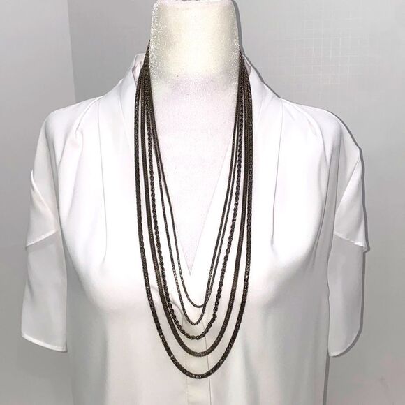 Multi Layered Silver Tone And Gun Metal 5 Layer Chain Necklace - Picture 1 of 11